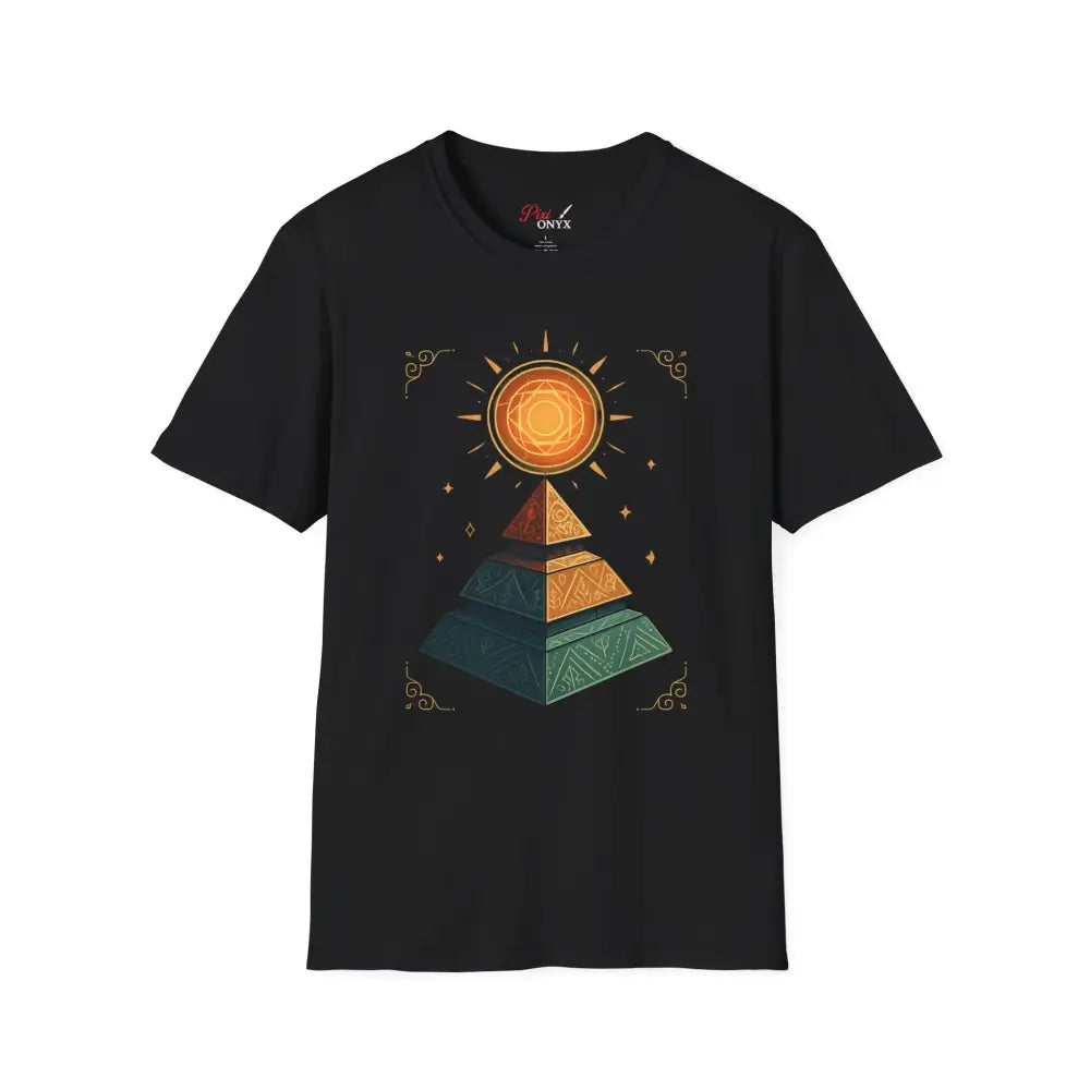 Black short-sleeve crew-neck T-shirt with pyramid graphic, ideal for nature lovers and casual wear
