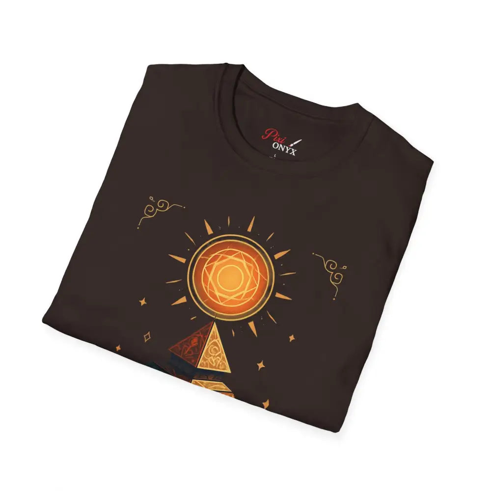Dark brown pyramid graphic tee with golden sun design, ideal for casual summer wear and easy care