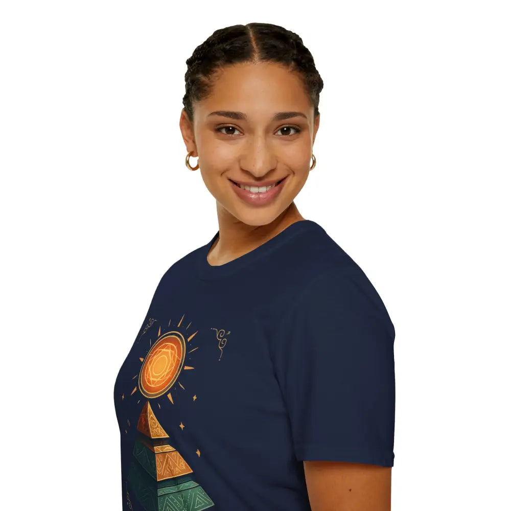 Woman wearing a dark blue pyramid graphic tee, perfect for nature lovers and casual wear