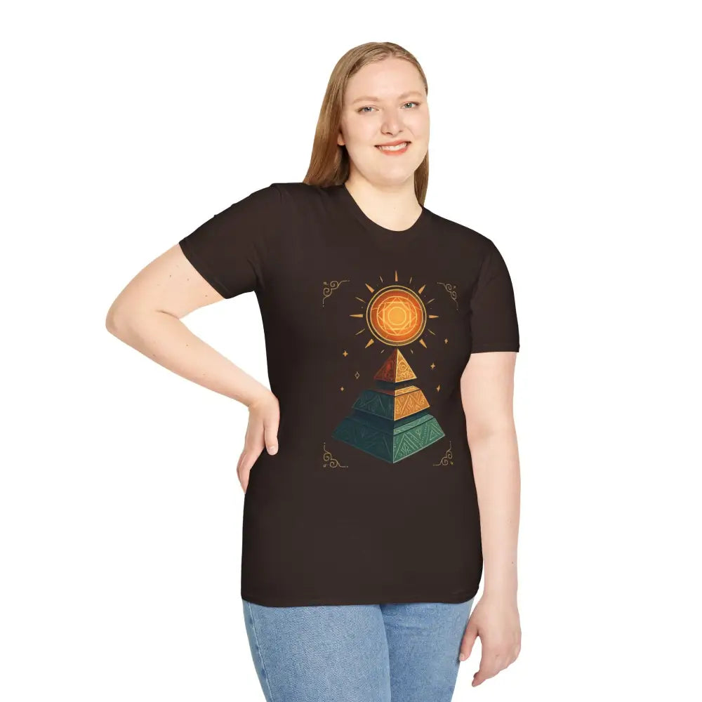 Dark brown short-sleeved pyramid graphic tee perfect for summer, casual wear, and care instructions