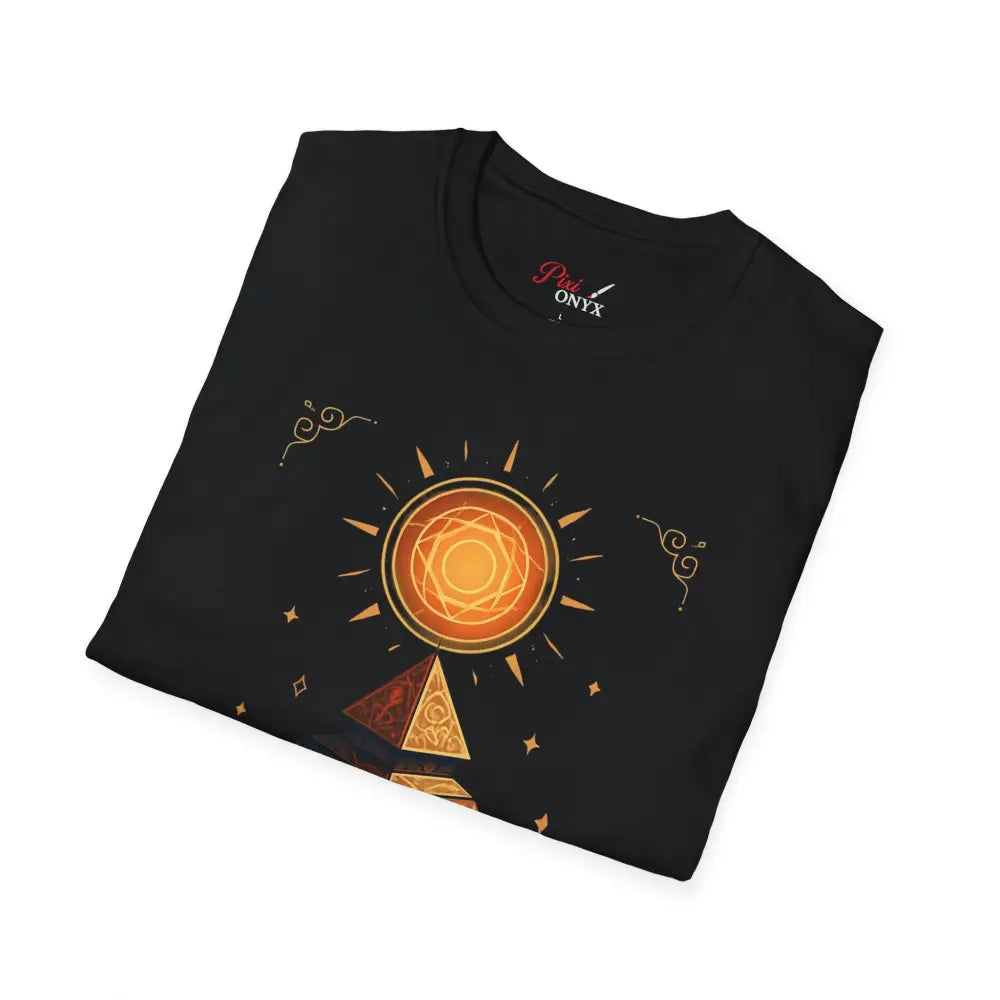 Black short-sleeved T-shirt with pyramid graphic and sun design, low heat care instructions