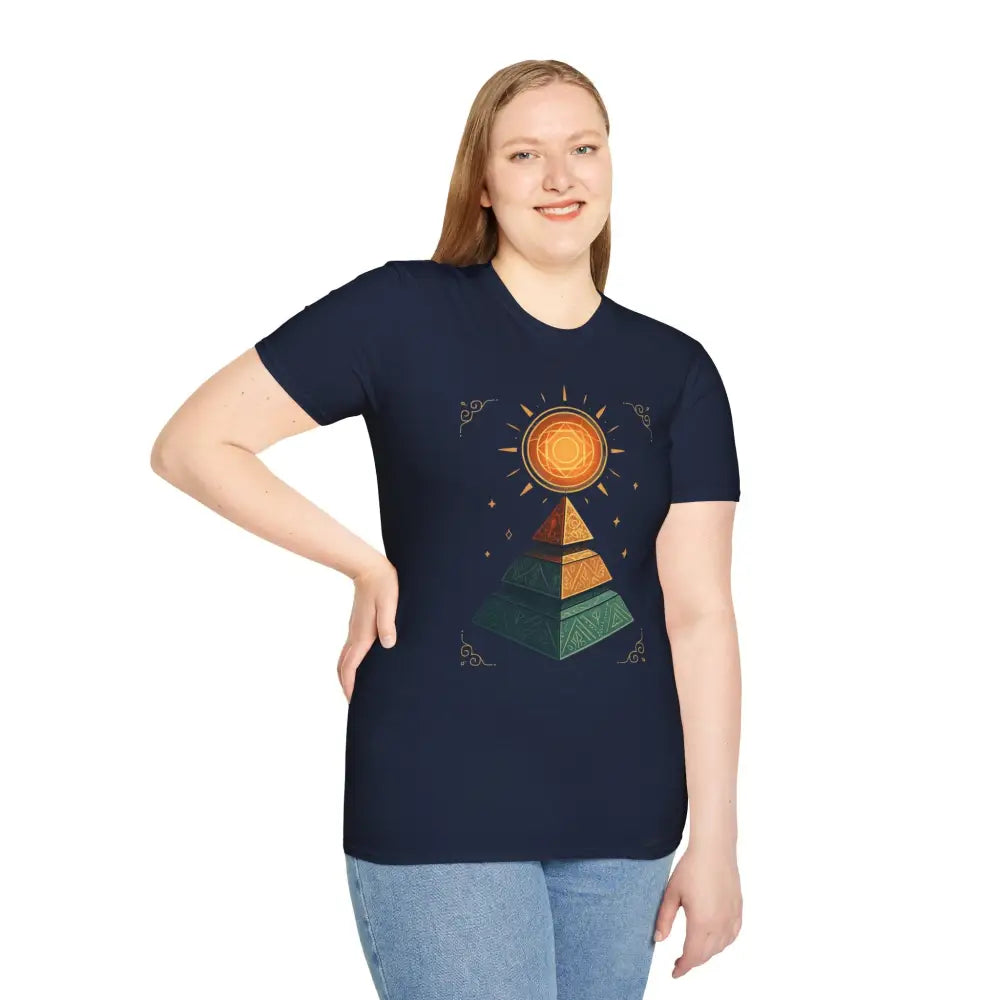 Woman wearing a dark blue pyramid graphic tee with sun, ideal for nature lovers and casual wear
