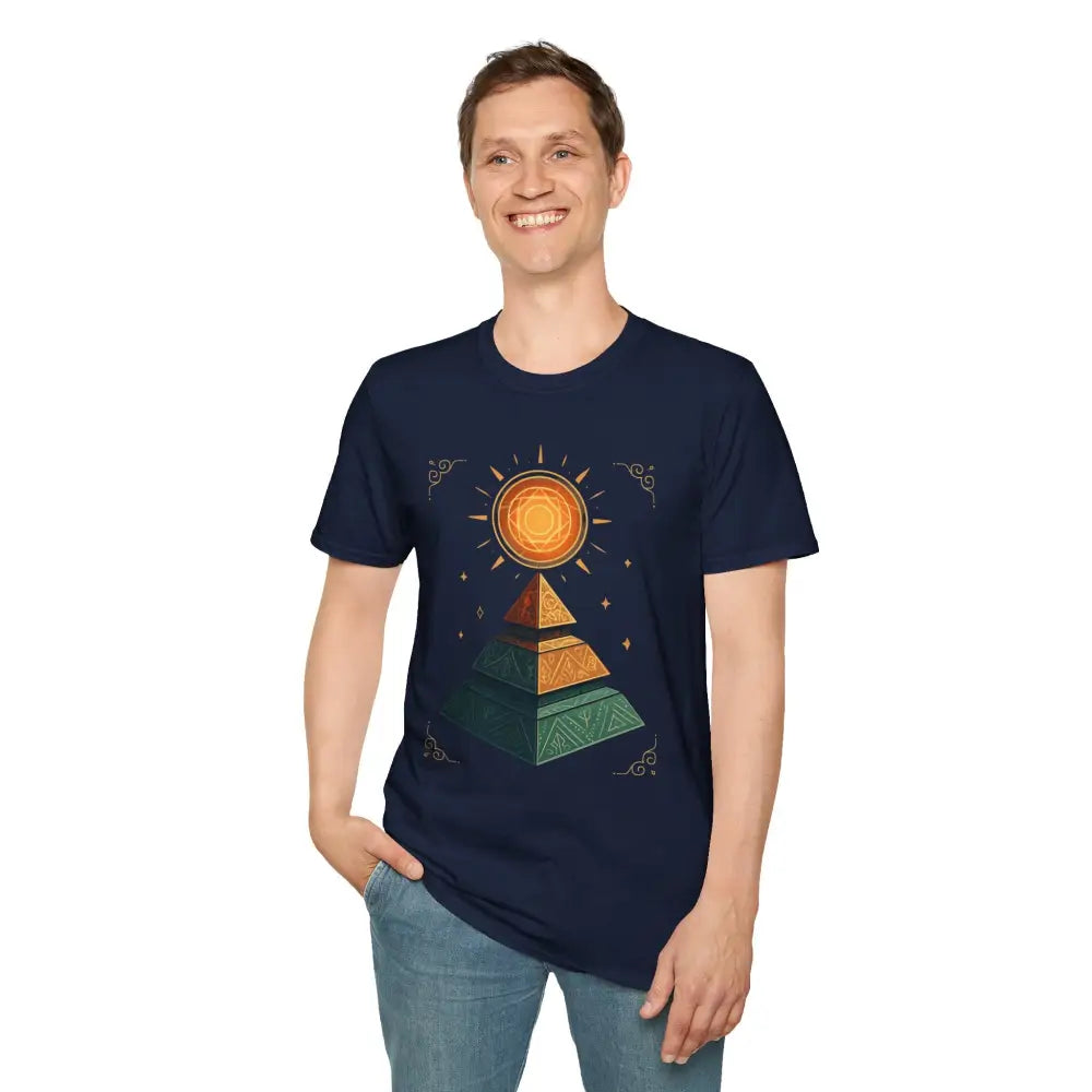 Dark blue pyramid graphic T-shirt ideal for nature lovers with easy care instructions