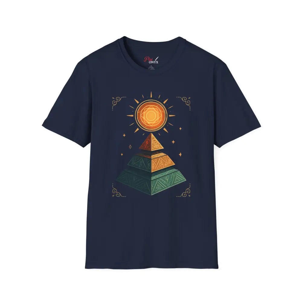 Dark blue pyramid graphic tee with sun design, ideal for nature lovers and casual wear