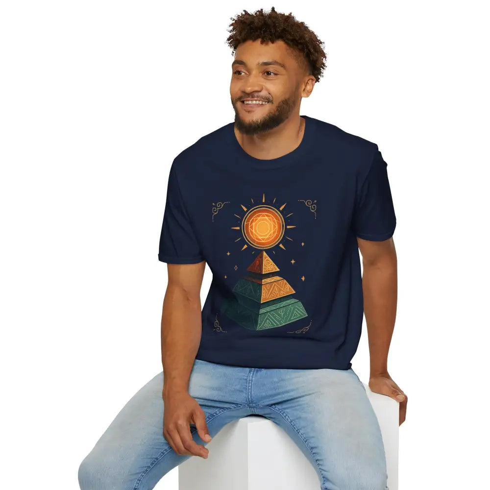 Dark blue pyramid graphic tee for nature lovers, casual wear, and easy care instructions