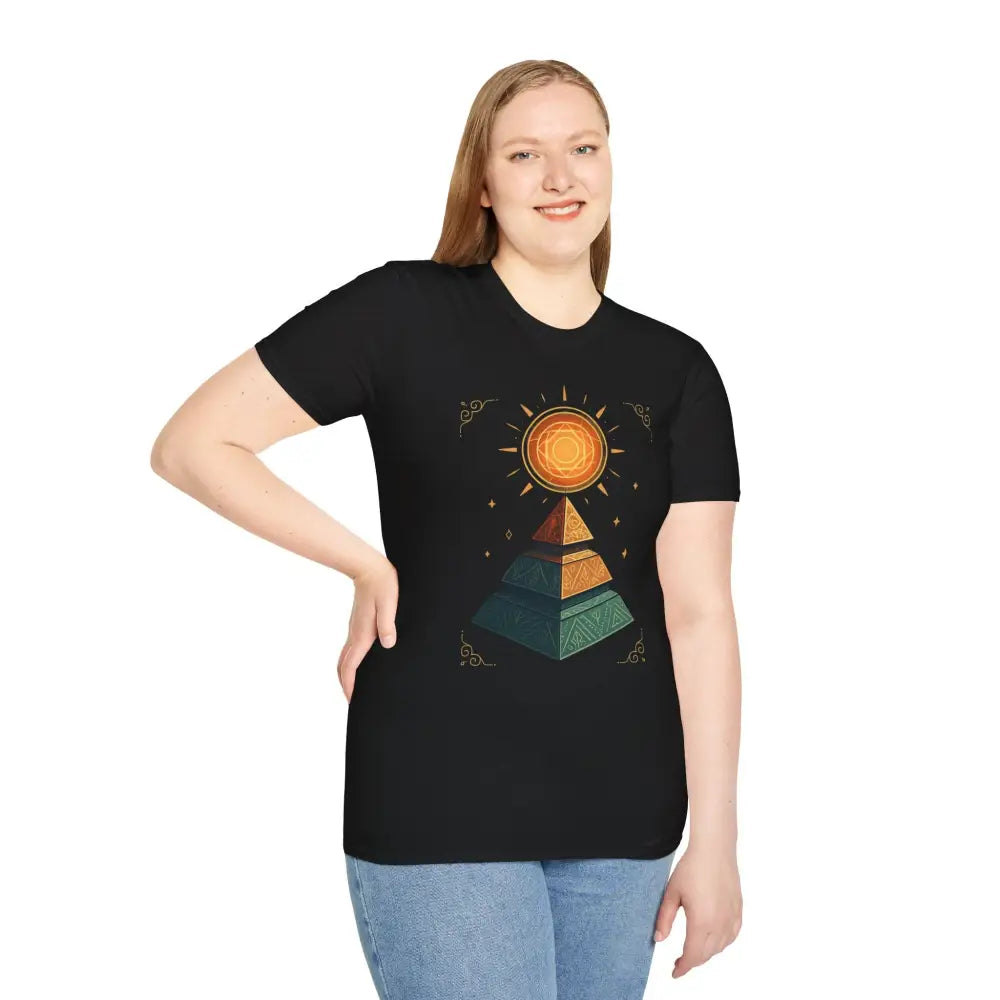 Woman wearing a black T-shirt with a pyramid graphic, ideal for nature lovers and casual wear