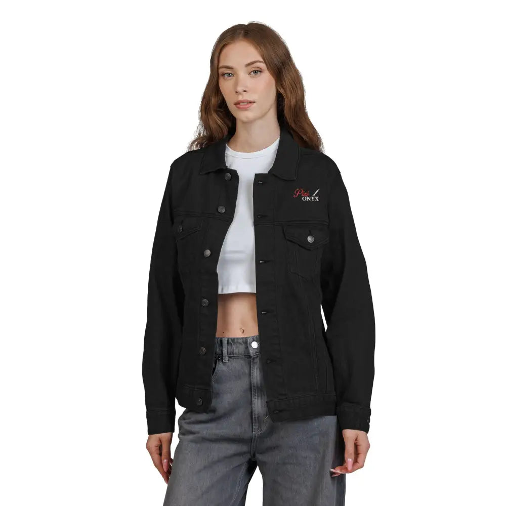 Women’s black denim jacket with white crop top and grey jeans, stylish PixoNyx denim fashion