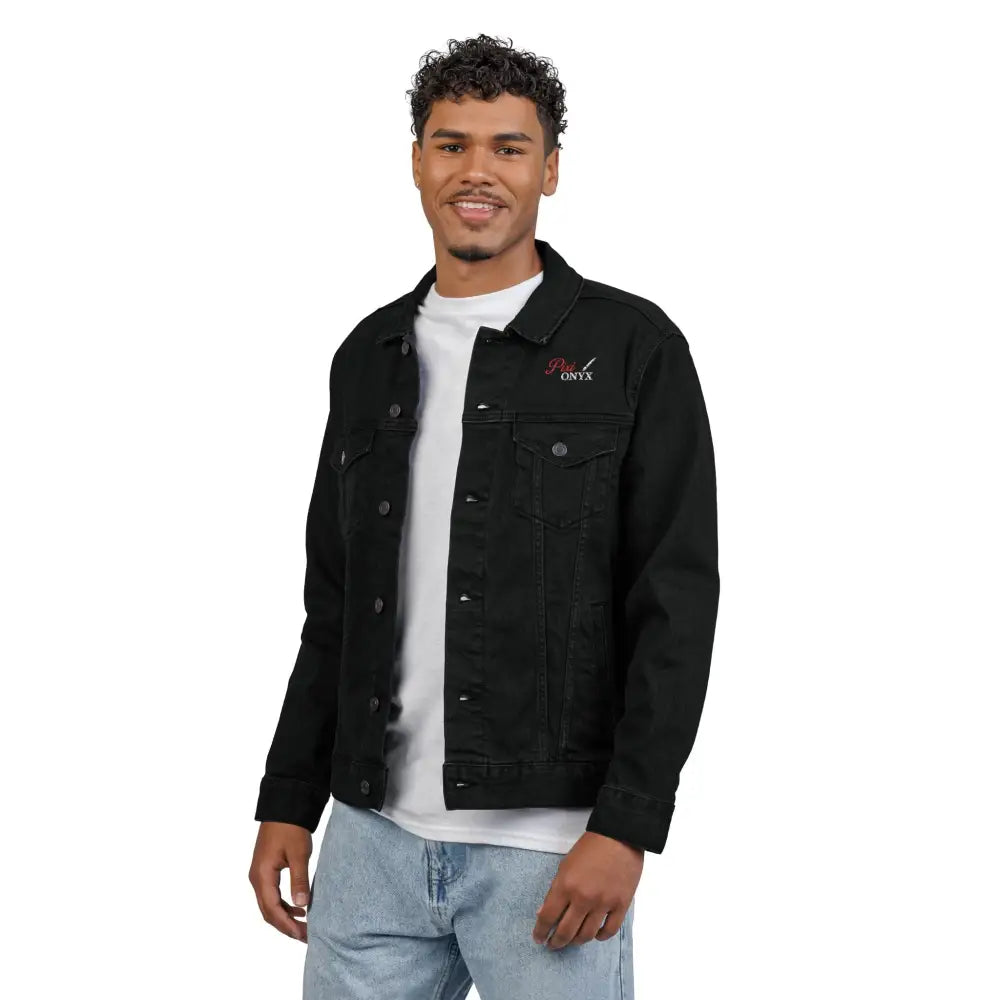 Black unisex PixiOnyx denim jacket with red logo on chest pocket for stylish denim care