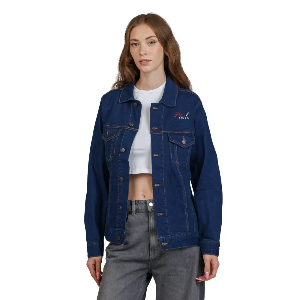 Women’s dark blue unisex PixiOnyx denim jacket with white crop top, trendy casual layer