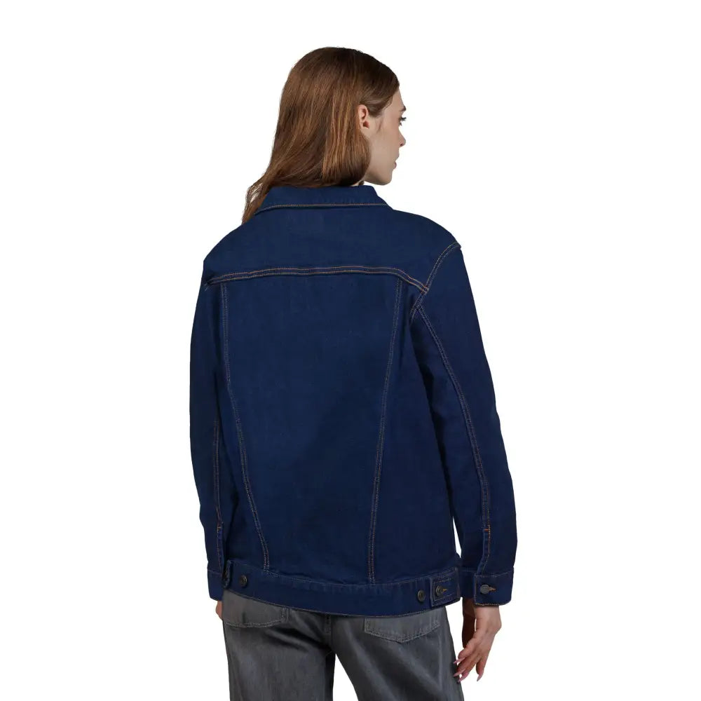 Dark blue unisex PixiOnyx denim jacket with contrast stitching, stylish pixonynx design
