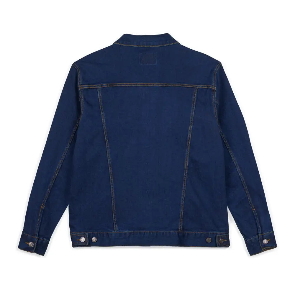 Dark blue unisex PixiOnyx denim jacket with tan stitching, perfect for casual wear