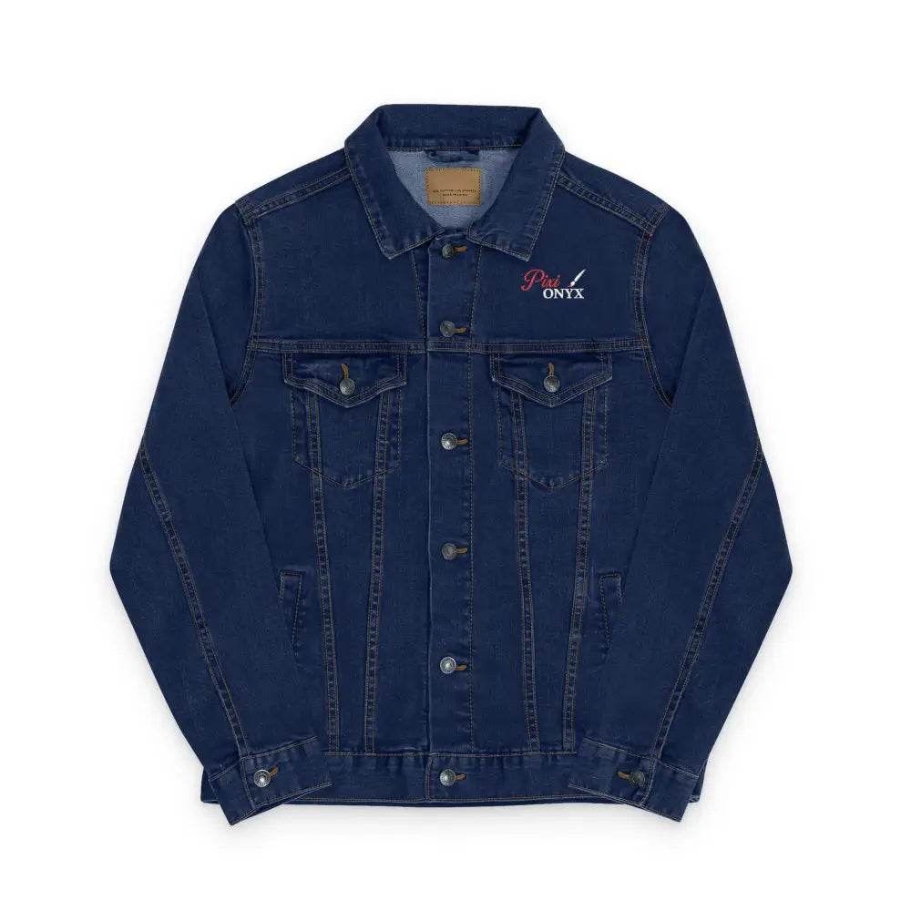 Dark blue unisex PixiOnyx denim jacket with front button closure, perfect for casual wear