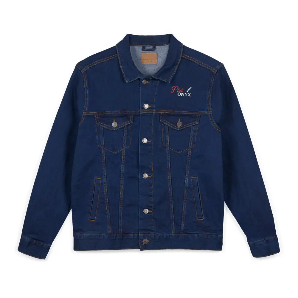 Stylish PixonYnx unisex PixiOnyx denim jacket with copper stitching and silver buttons