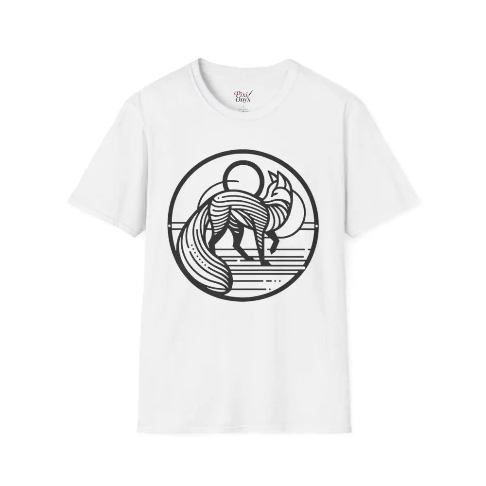 White short-sleeved T-shirt with black fox graphic, machine washable, tumble dry low heat