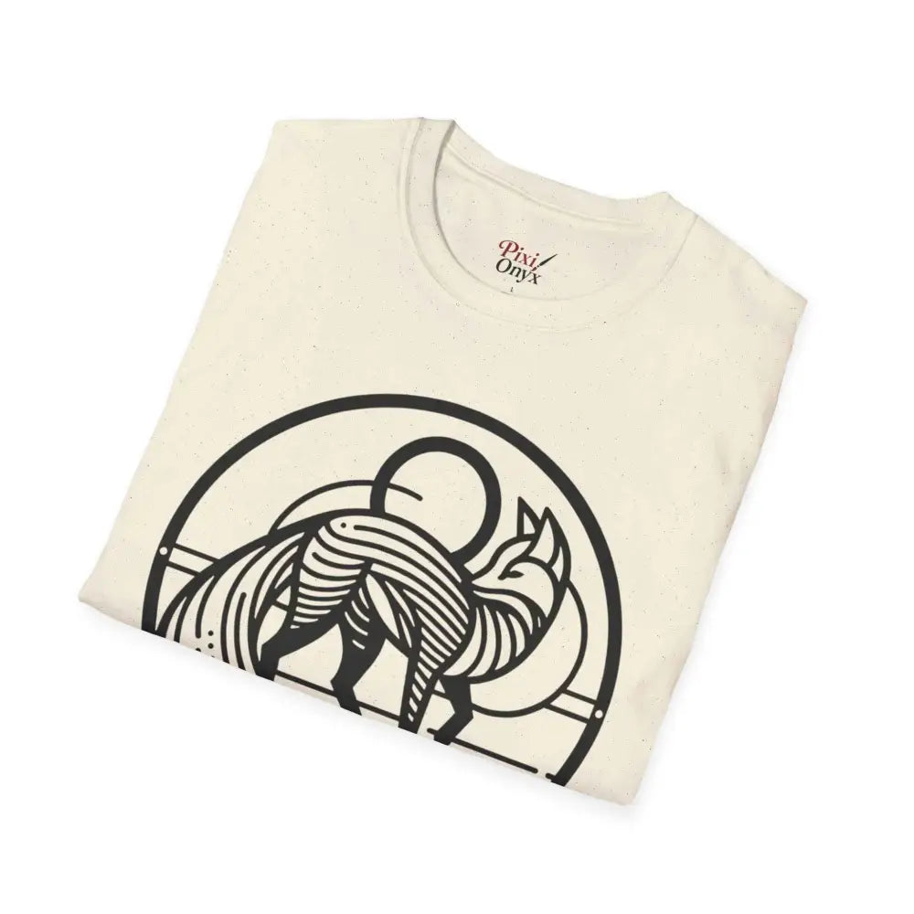 Cream-colored unisex t-shirt with black fox line art, machine washable, tumble dry safe