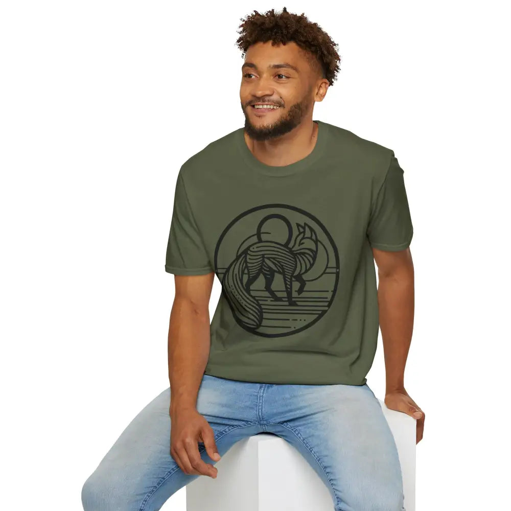 Smiling man in green fox graphic T-shirt, casual summer wear, machine wash, tumble dry safe