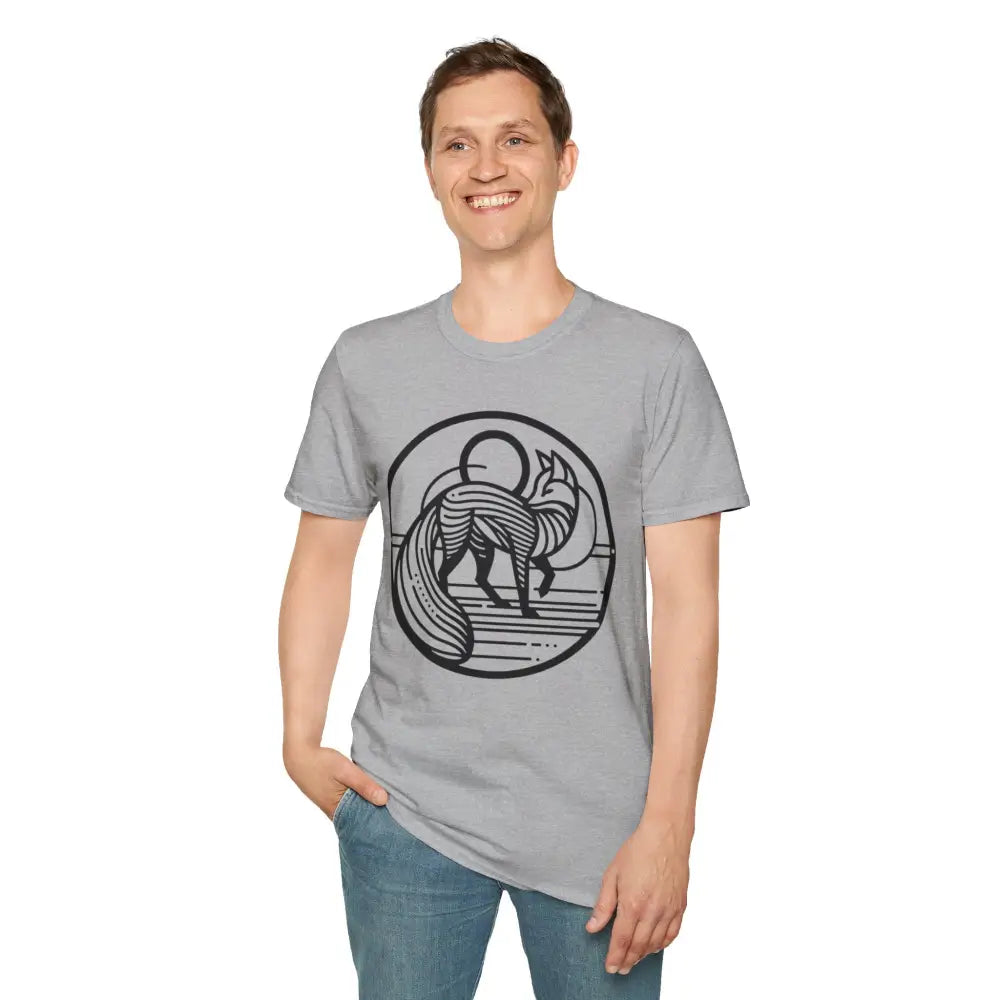 Light gray short-sleeve T-shirt with stylized black fox graphic, machine wash, tumble dry safe