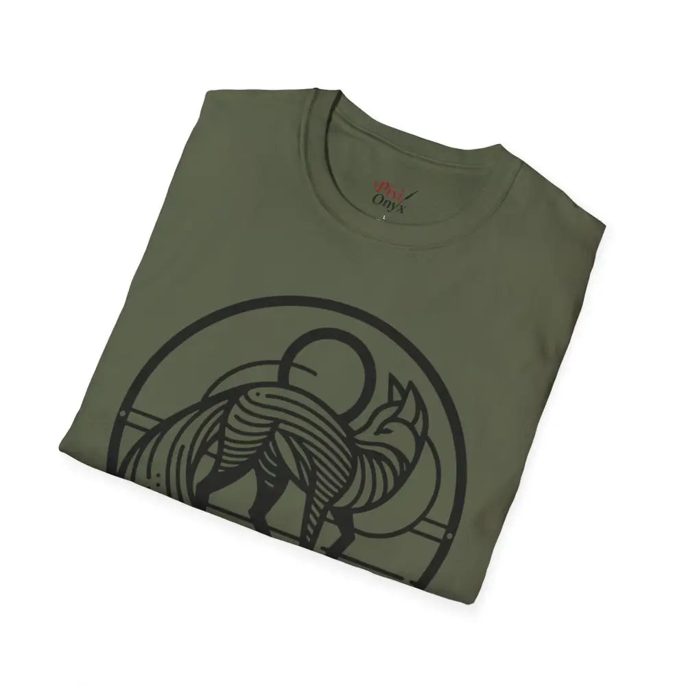 Olive green unisex T-shirt with black line art fox design, machine washable, tumble dry safe