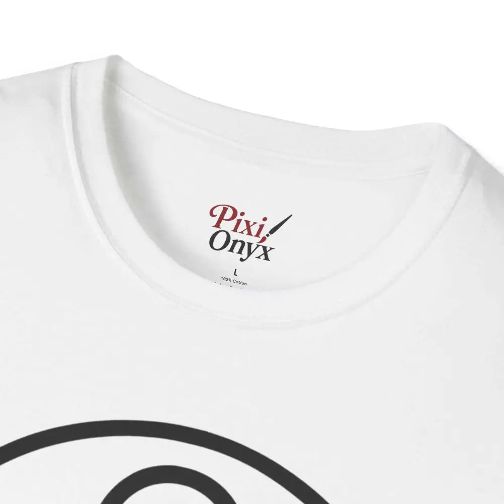 White crewneck T-shirt with black circular abstract fox design, machine washable, tumble dry safe