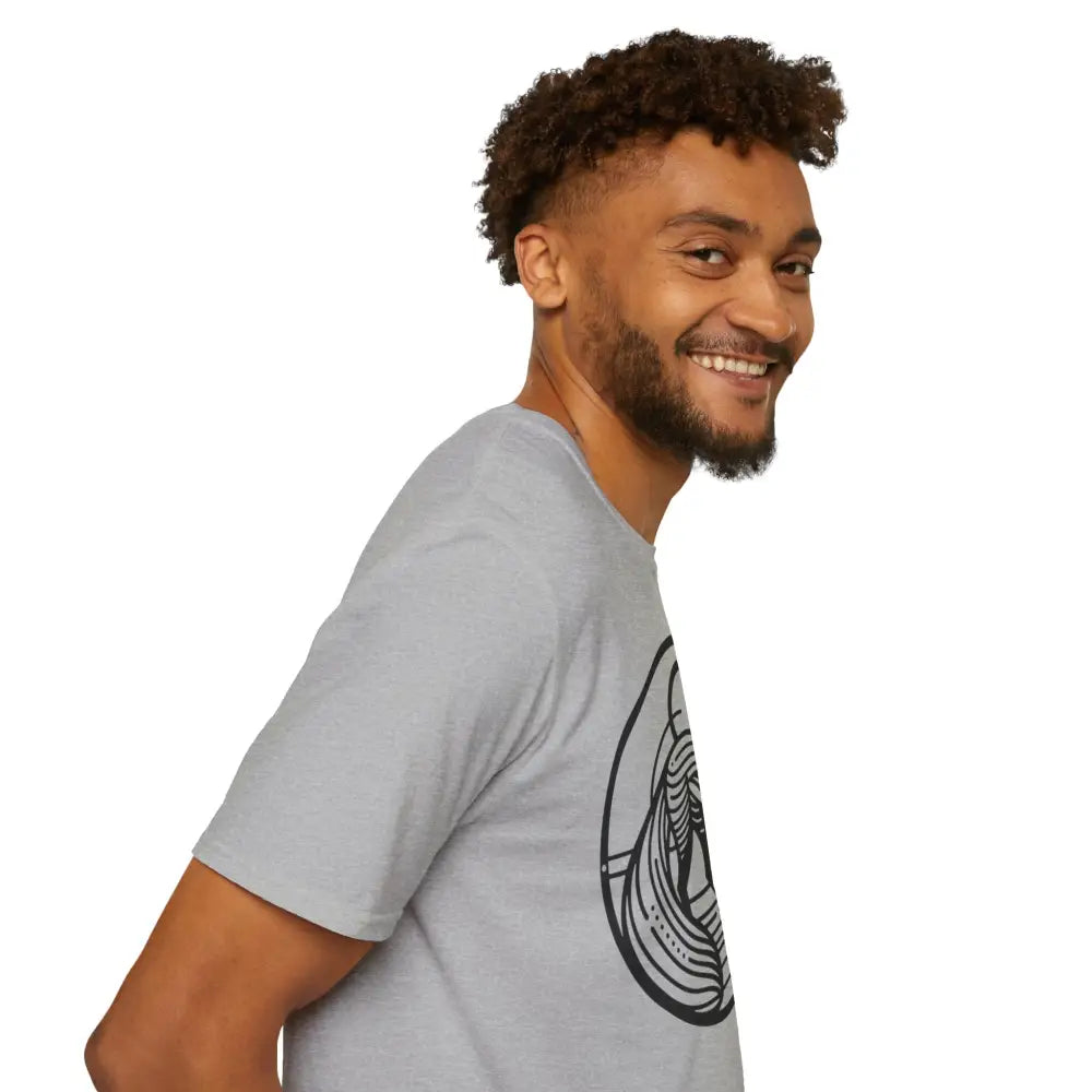 Light gray unisex softstyle T-shirt with black circular graphic, machine wash, tumble dry safe