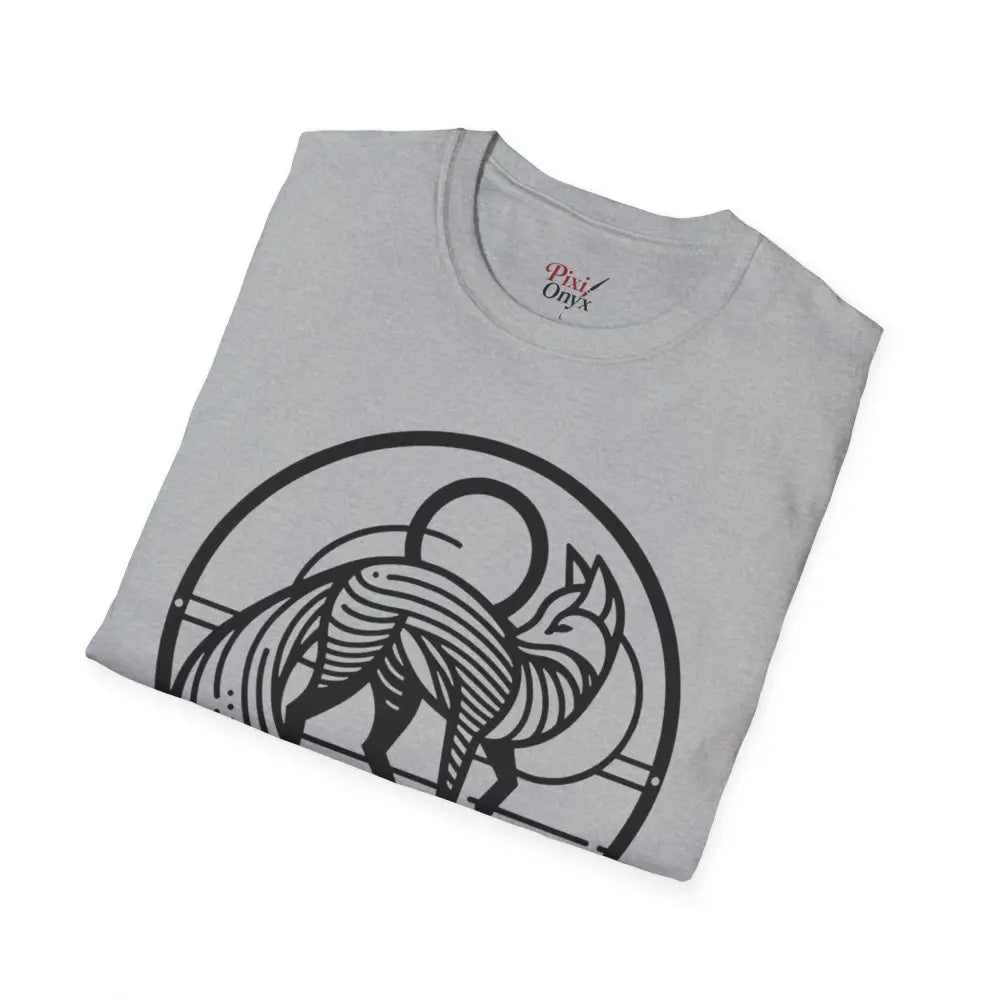 Light gray unisex T-shirt with abstract fox design, machine wash, low heat, tumble dry