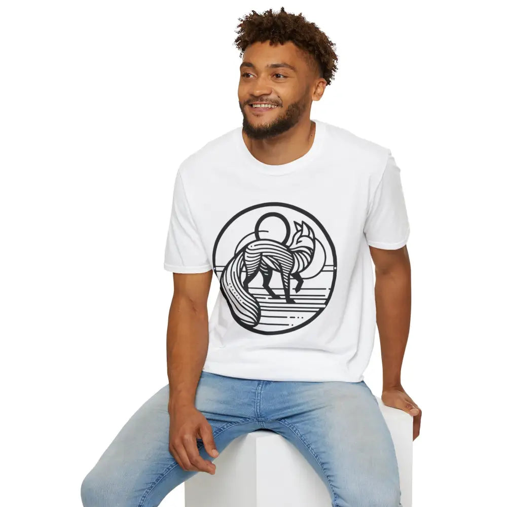White unisex T-shirt with black line-art fox design, machine washable, tumble dry safe