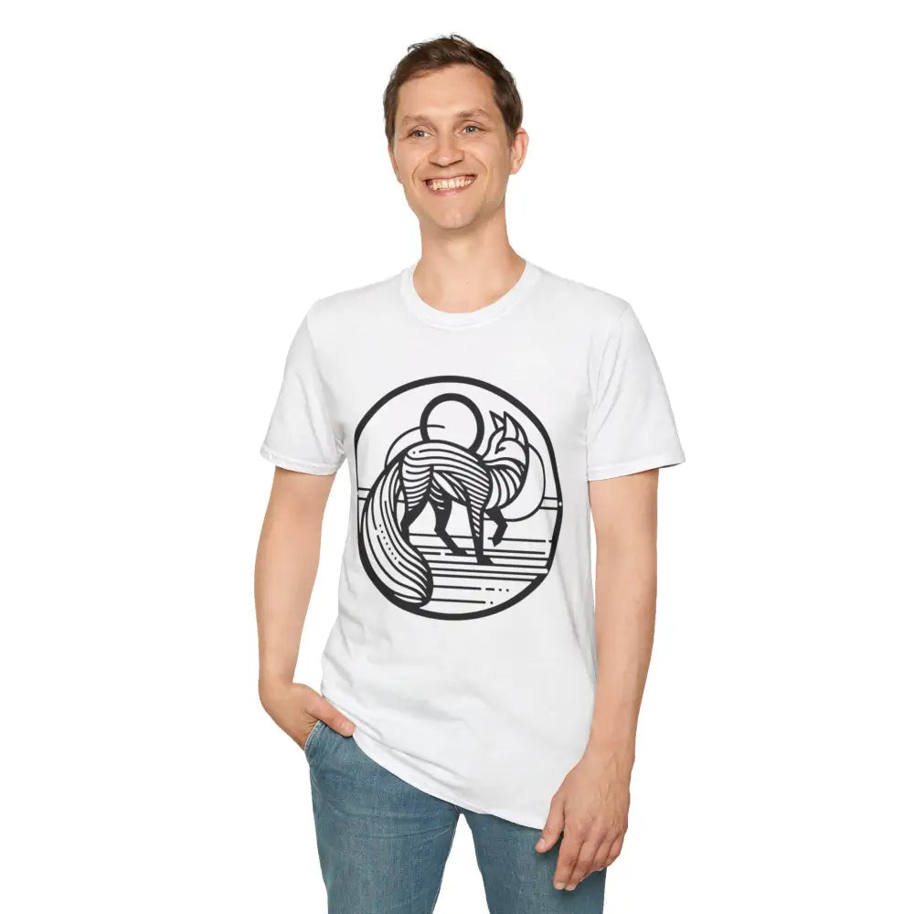 Man in white fox graphic T-shirt with jeans, machine wash, tumble dry, summer fashion