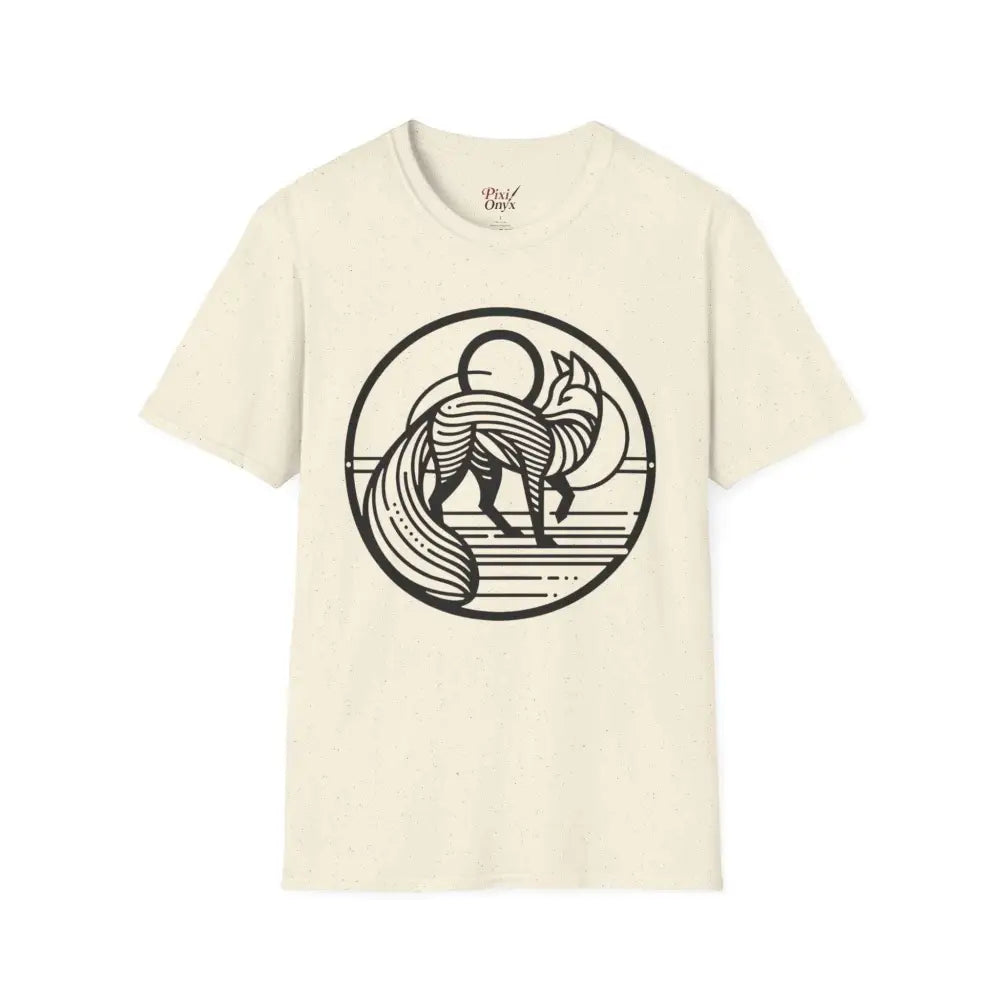 Cream-colored short-sleeve T-shirt with black fox line-art design, machine washable, low heat safe