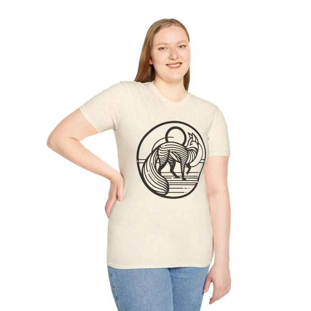 Woman wearing a cream-colored fox graphic T-shirt, machine washable, tumble dry safe