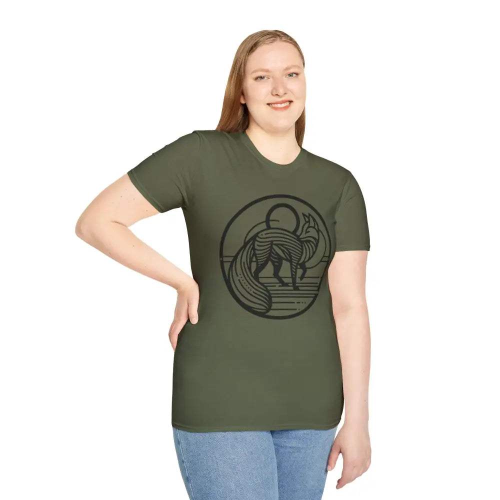 Woman wearing olive green graphic T-shirt with black fox and moon design, machine washable