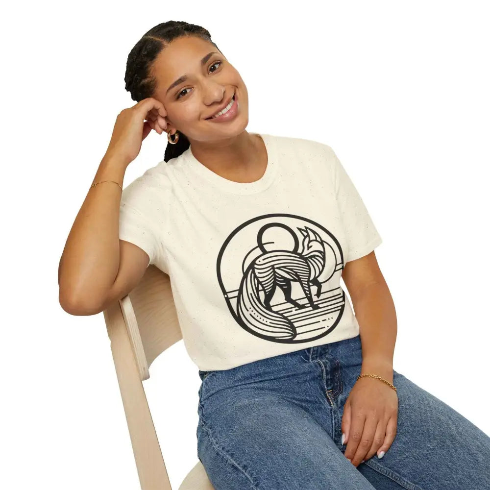 Woman wearing cream-colored fox graphic t-shirt with blue jeans, machine wash, tumble dry safe