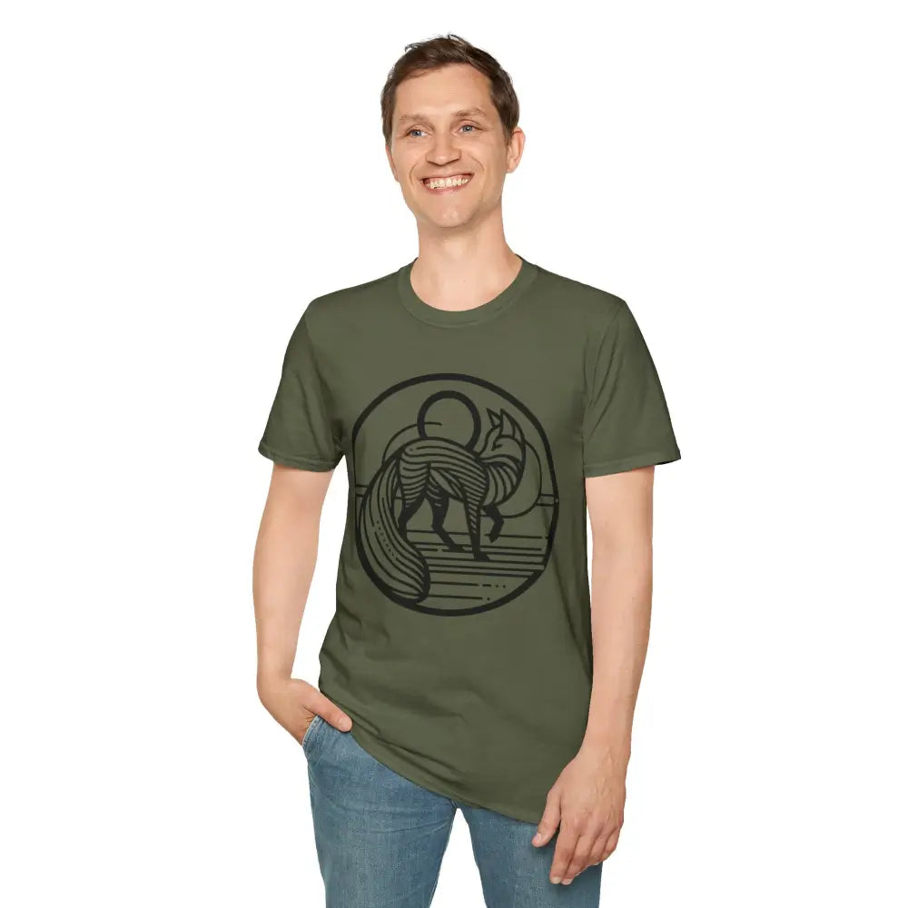 Man wearing olive green unisex T-shirt with black fox graphic, machine washable, tumble dry friendly