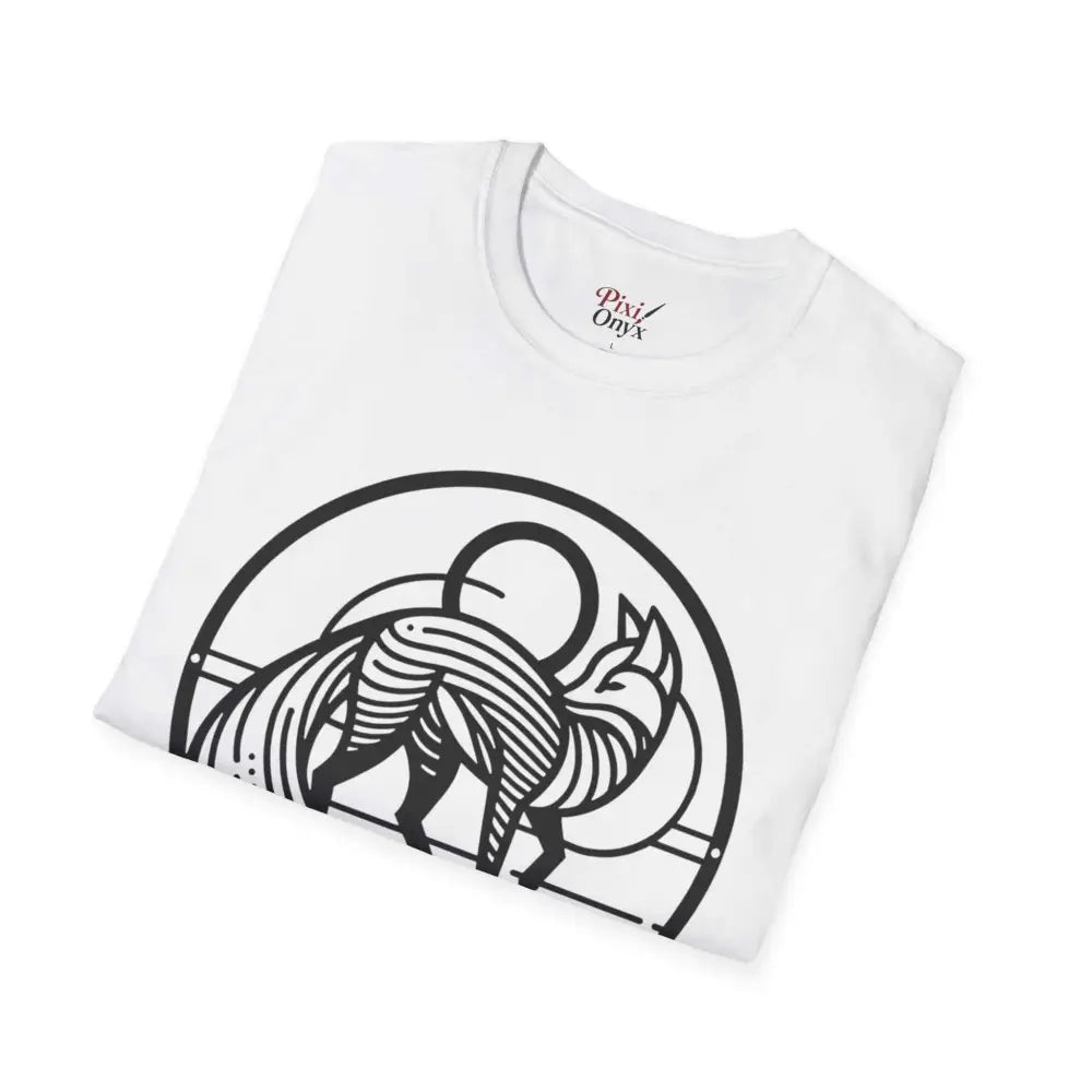 White short-sleeved T-shirt with abstract fox design, machine wash, low heat, tumble dry friendly