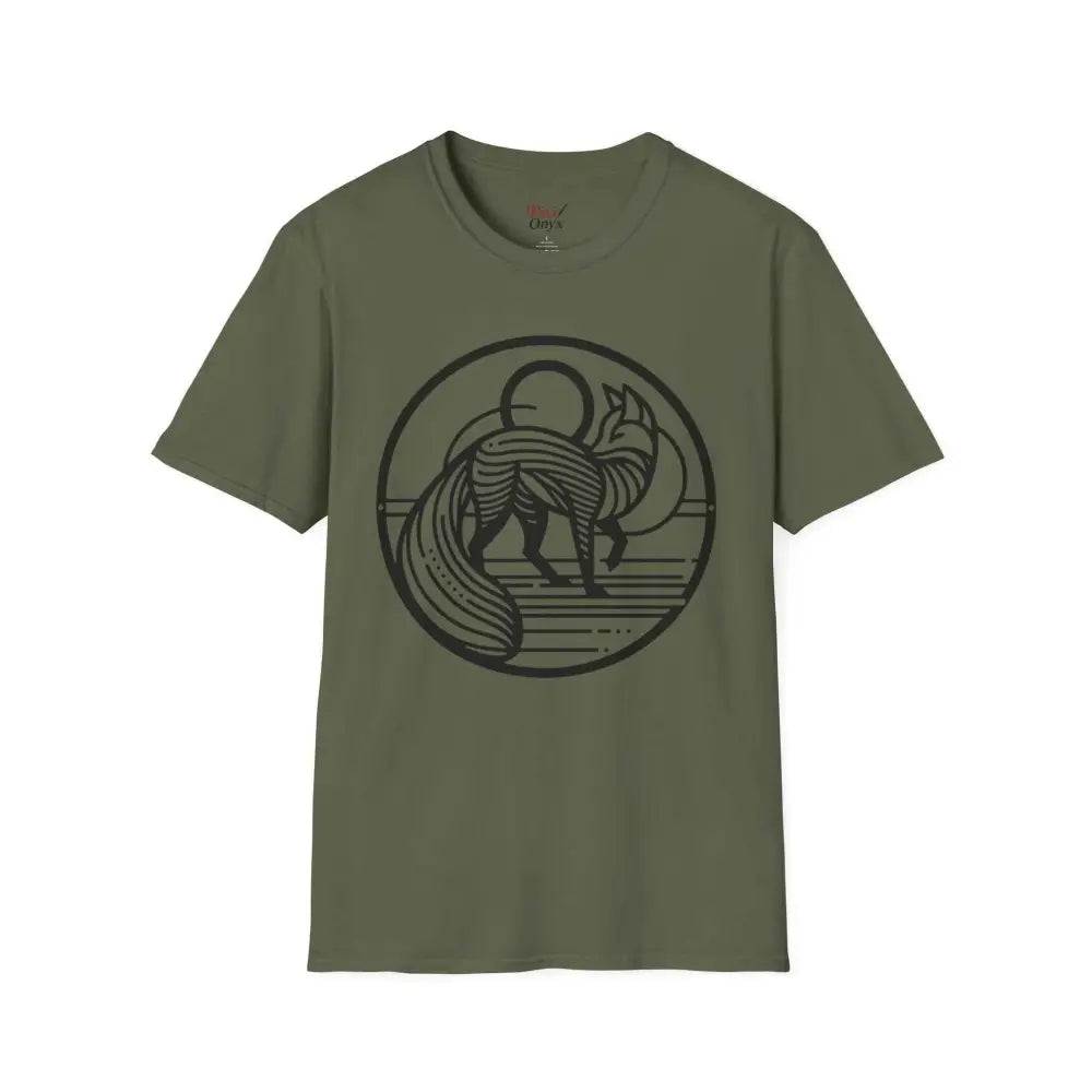 Olive green unisex T-shirt with black fox graphic, machine wash, low heat, tumble dry safe