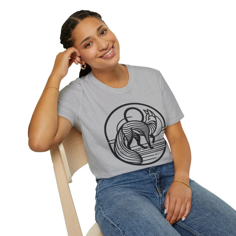 Woman in light gray fox graphic t-shirt and blue jeans seated on chair, easy to care for