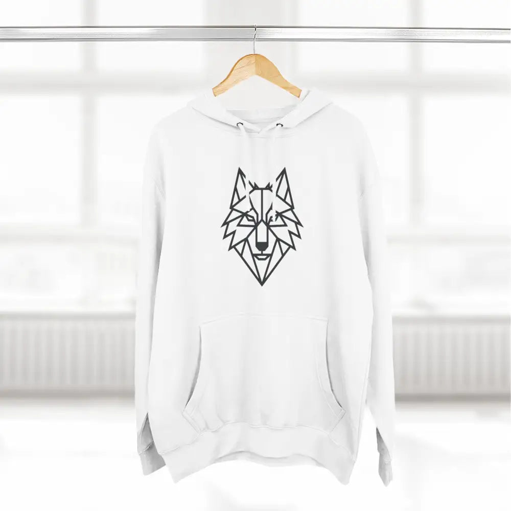 White hoodie with a stylish wolf graphic design, perfect for outdoor adventures and winter fashion