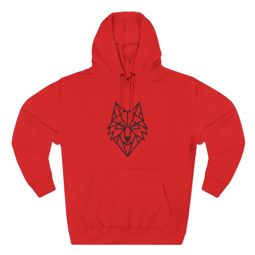 Red hooded sweatshirt with stylish wolf graphic design, perfect for outdoor adventures