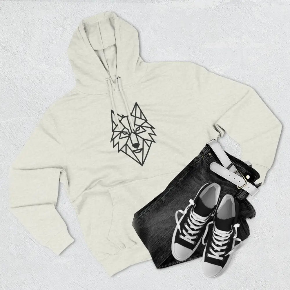 Cream-colored hoodie with a stylish wolf graphic design, perfect for outdoor adventures