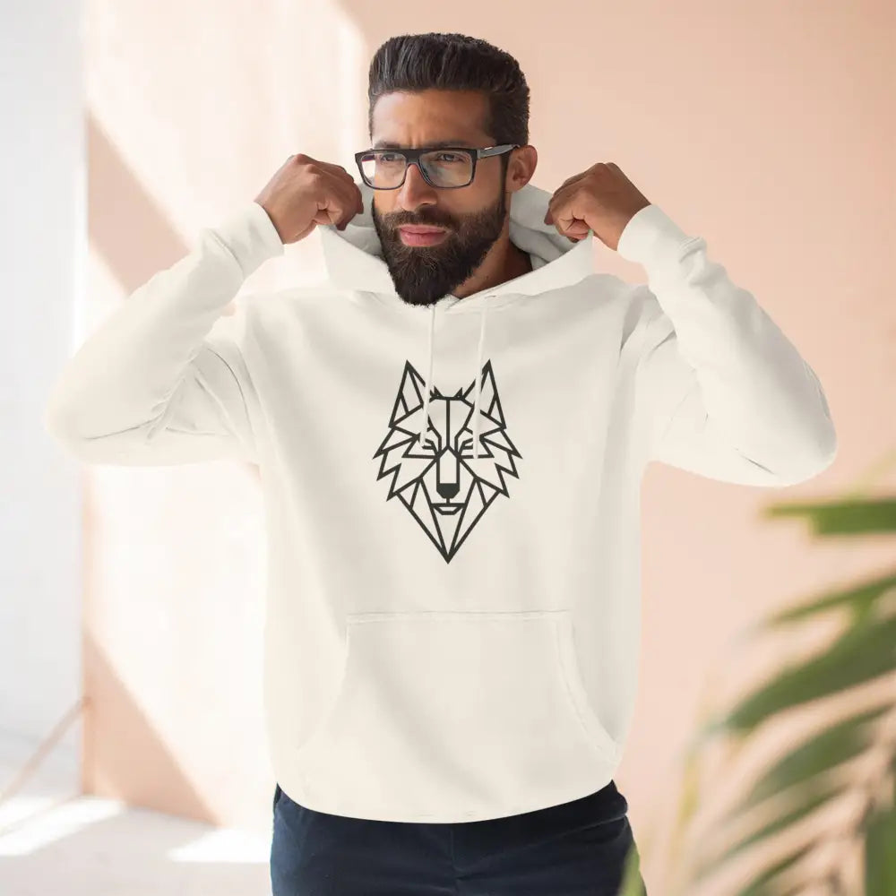 Men’s cream-colored hoodie with stylish wolf graphic design, perfect for outdoor adventures