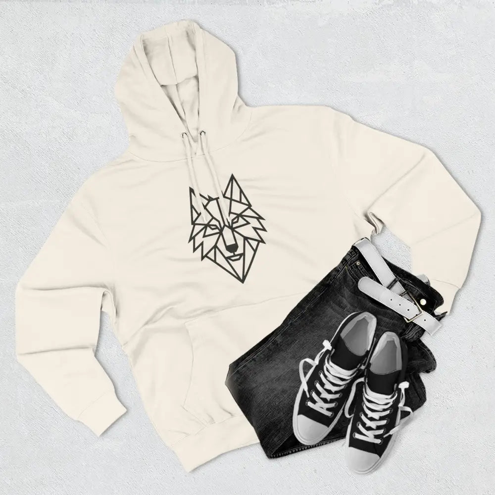 Cream-colored stylish wolf graphic unisex hoodie with geometric design for outdoor adventures