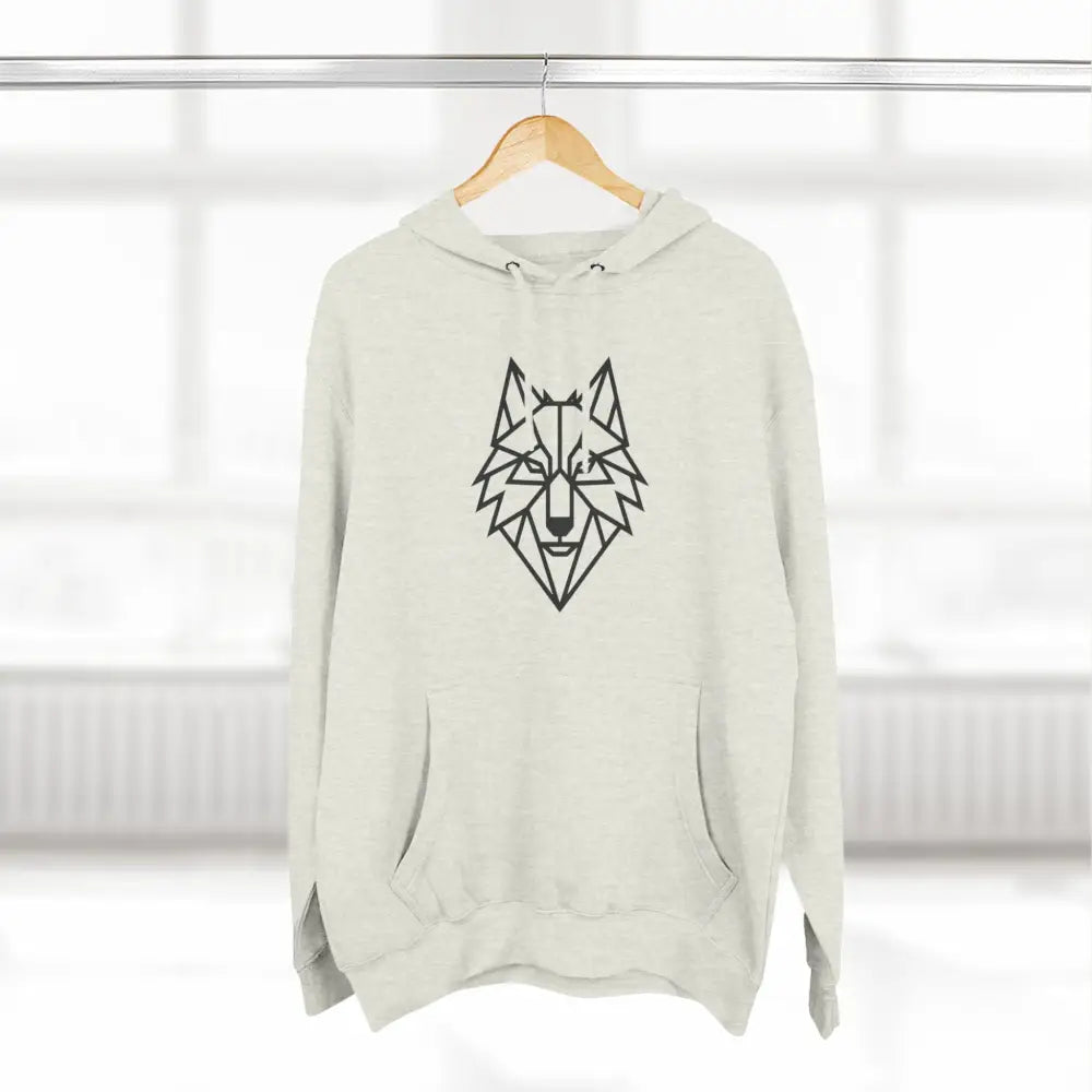 Cream-colored stylish wolf graphic unisex hoodie with black geometric wolf design for outdoor adventures