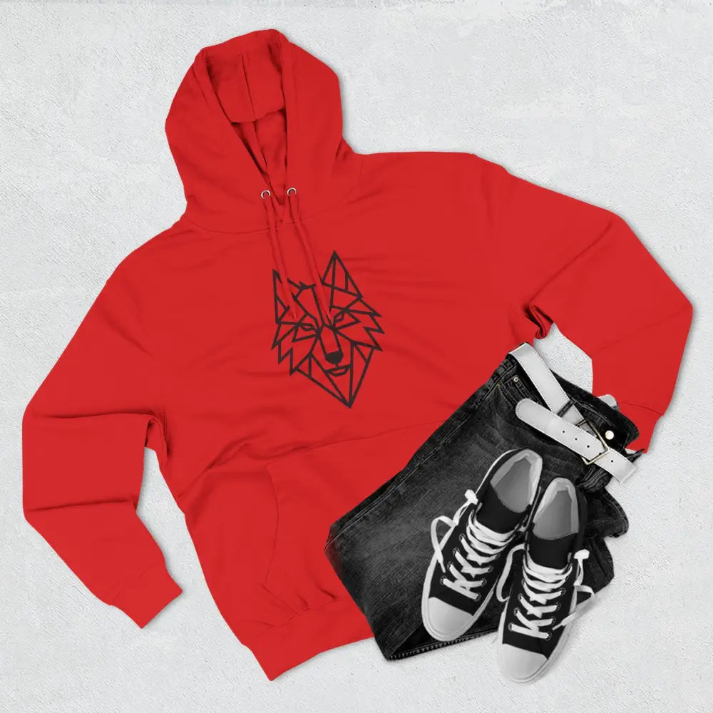 Red hoodie with a stylish wolf graphic design, perfect for outdoor adventures and winter fashion