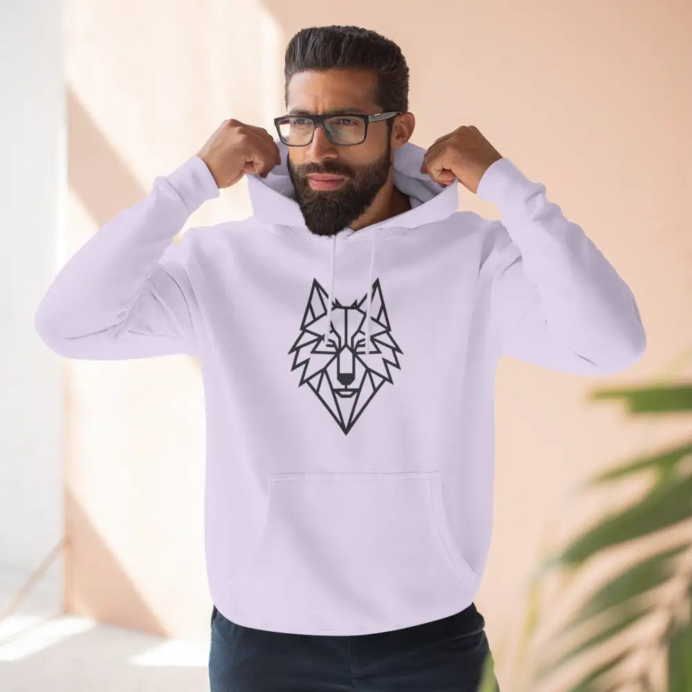 Men’s white hoodie with a stylish wolf graphic design, perfect for outdoor adventures