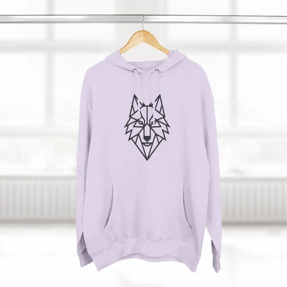 Light purple stylish wolf graphic unisex hoodie with black geometric wolf design for outdoor adventures