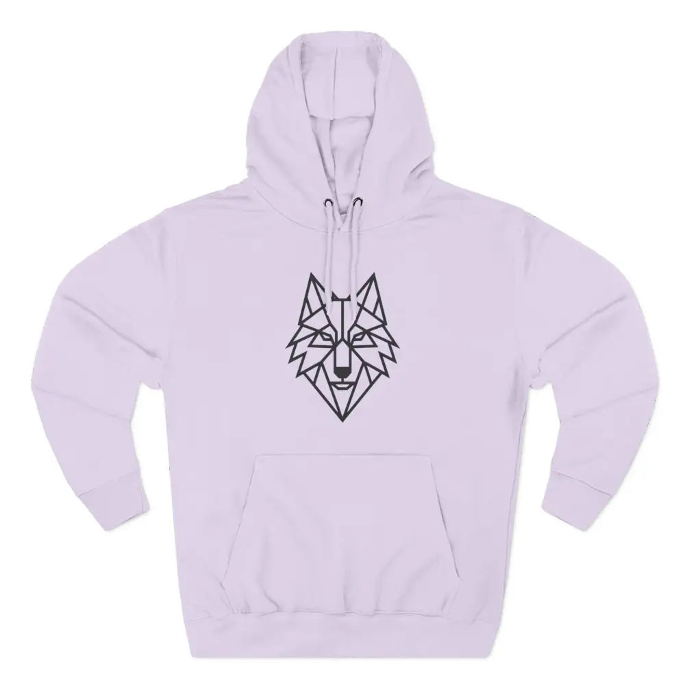 Light purple stylish wolf graphic unisex hoodie with black geometric wolf design for outdoor adventures