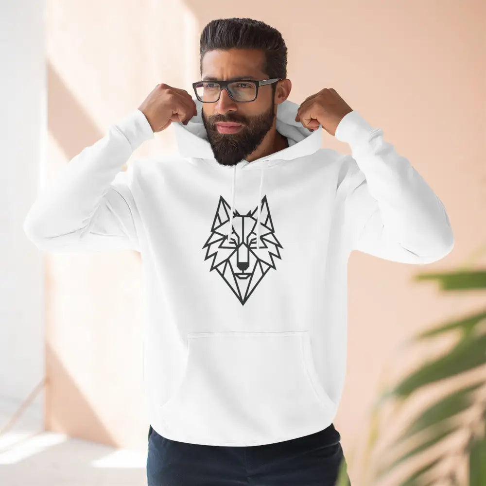 Men’s white hoodie with a stylish wolf graphic, perfect for outdoor adventures and winter fashion