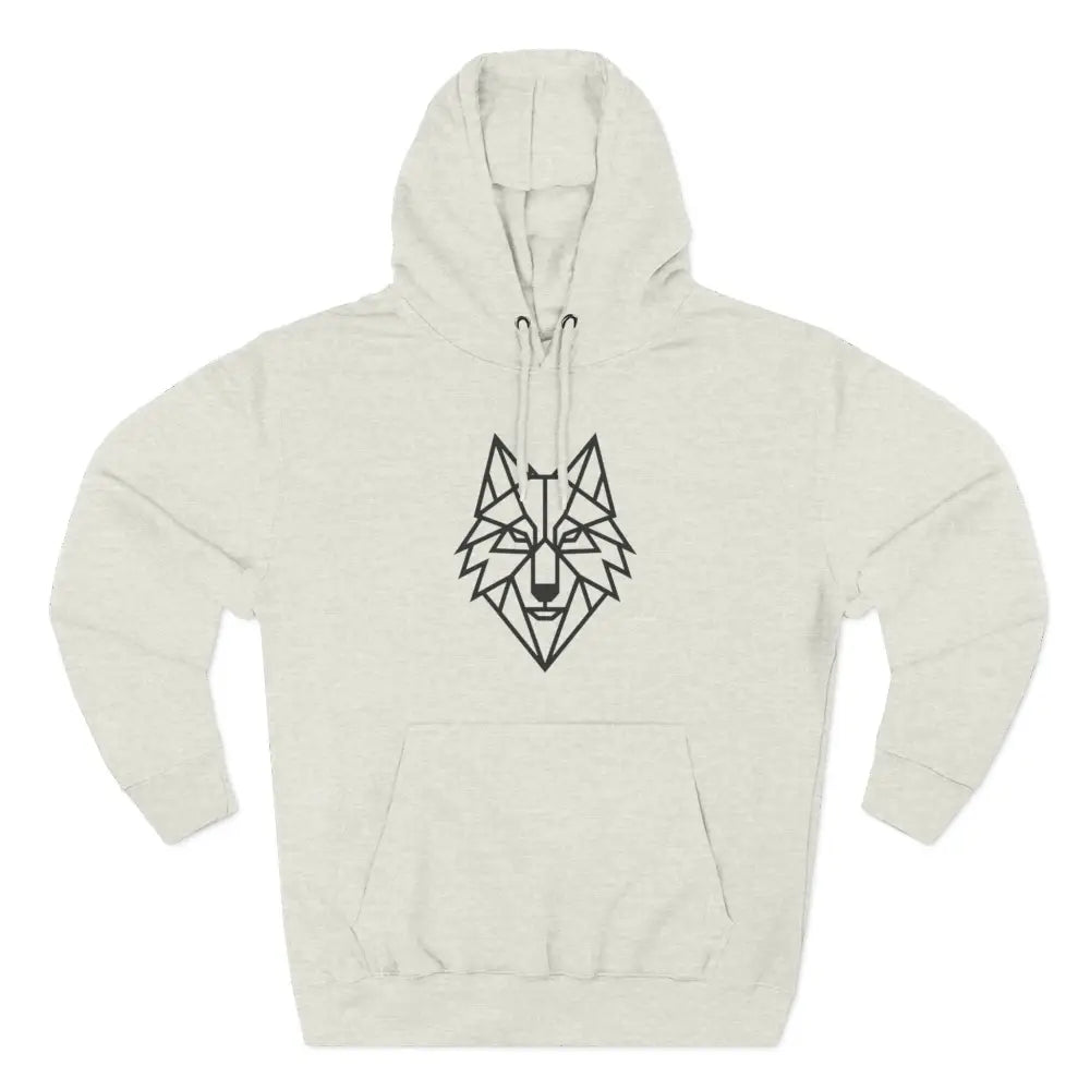 Cream-colored stylish wolf graphic unisex hoodie with black geometric wolf design for outdoor adventures