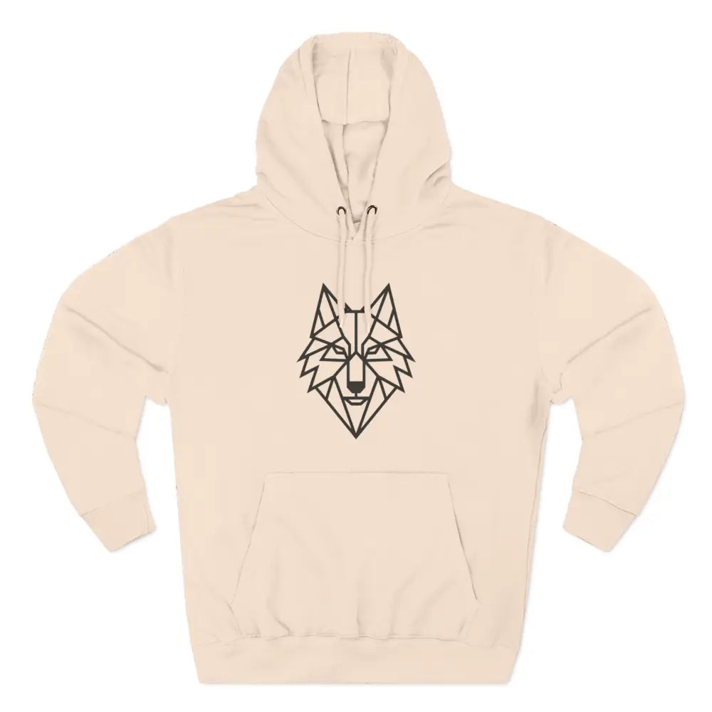 Light beige stylish wolf graphic unisex hoodie with black geometric wolf design for outdoor adventures