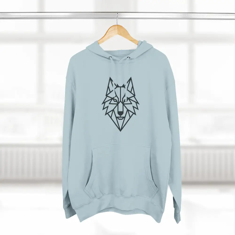 Light blue stylish wolf graphic unisex hoodie with geometric wolf design for outdoor adventures