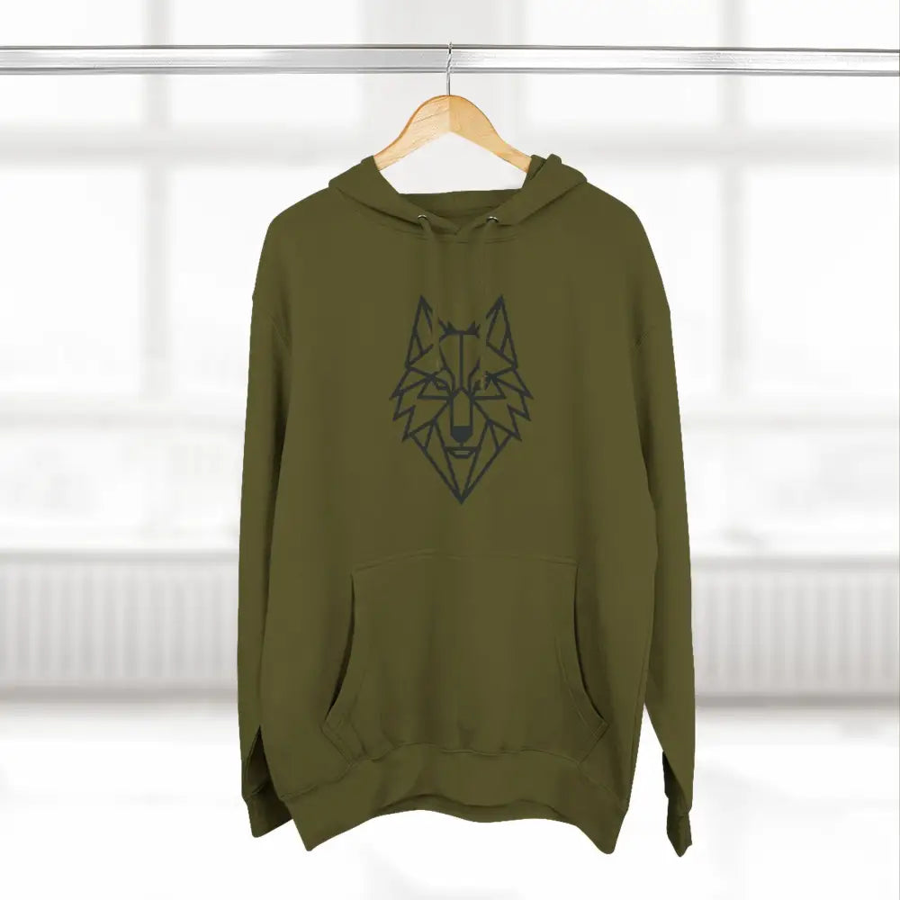 Olive green stylish wolf graphic unisex hoodie with black geometric wolf design for outdoor adventures